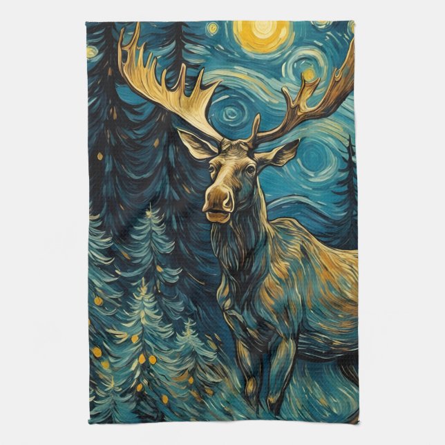 Moose in the Pine Forest Van Gogh Tea Towel (Vertical)