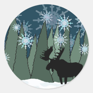 Moose in the Snowy Forest Classic Round Sticker