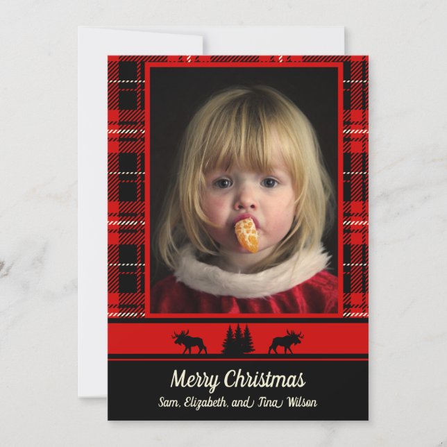 Moose in the Woods Red Plaid Photo Christmas Announcement (Front)
