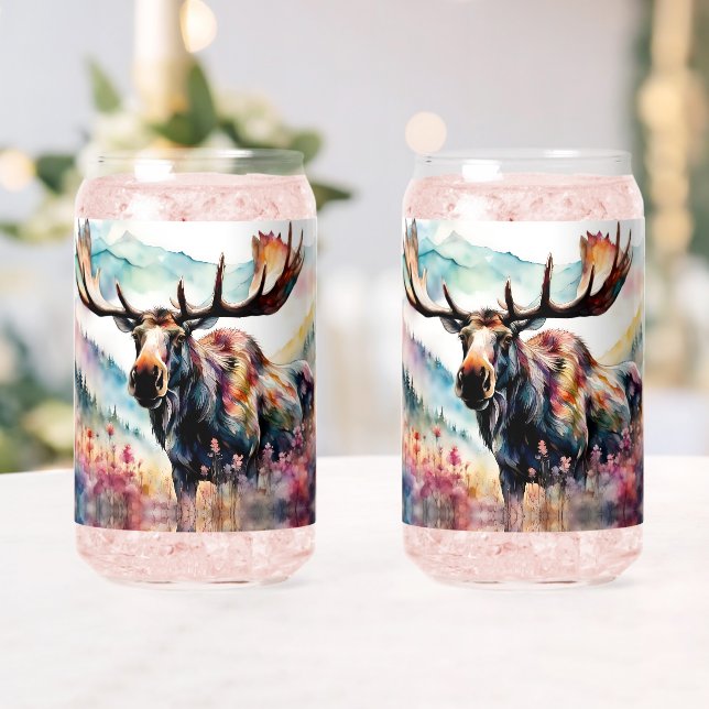 Moose in Wildflowers watercolor Can Glass (Insitu (Wedding))