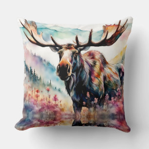 Moose in Wildflowers watercolor Cushion