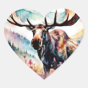 Moose in Wildflowers watercolor Heart Sticker