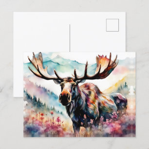 Moose in Wildflowers watercolor Holiday Postcard