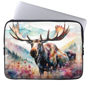 Moose in Wildflowers watercolor Laptop Sleeve
