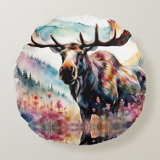 Moose in Wildflowers watercolor Round Cushion (Front)