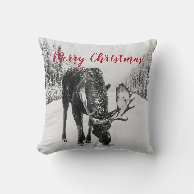 Moose In Winter On Snowy Road Christmas Cushion (Front)