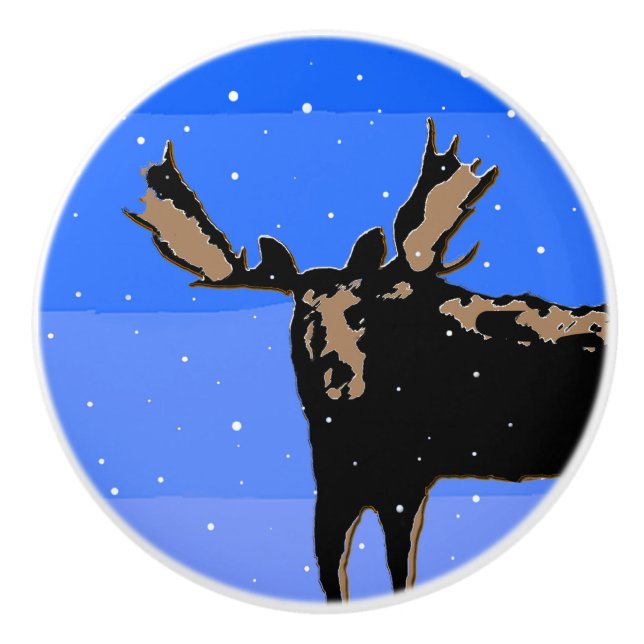 Moose in Winter  - Original Wildlife Art Ceramic Knob (Front)