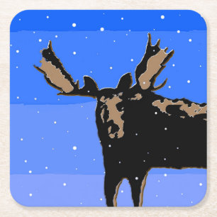 Moose in Winter  - Original Wildlife Art Square Paper Coaster