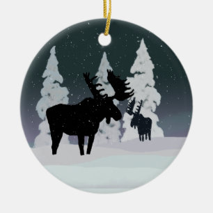 Moose in Winter Snow Ceramic Ornament