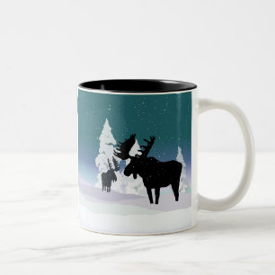 Moose in Winter Snow Two-Tone Coffee Mug