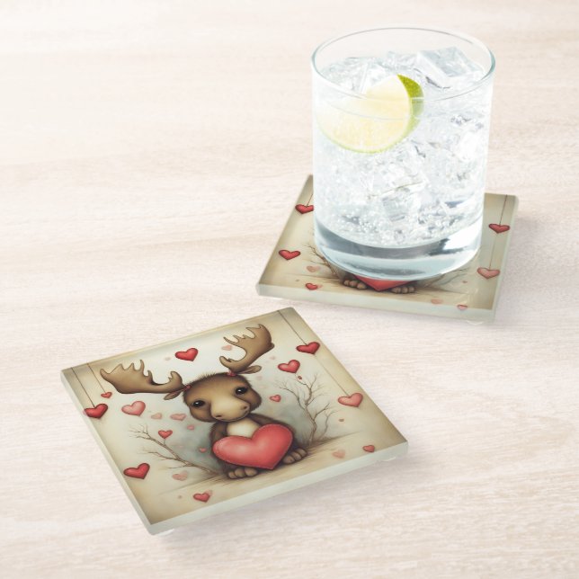 Moose Love 1 Glass Coaster (Angled)