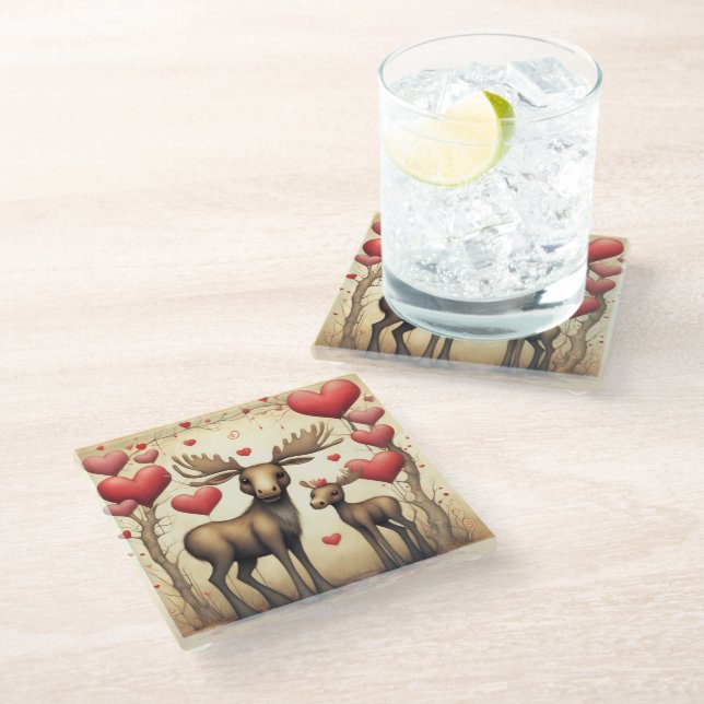 Moose Love 2 Glass Coaster (Angled)