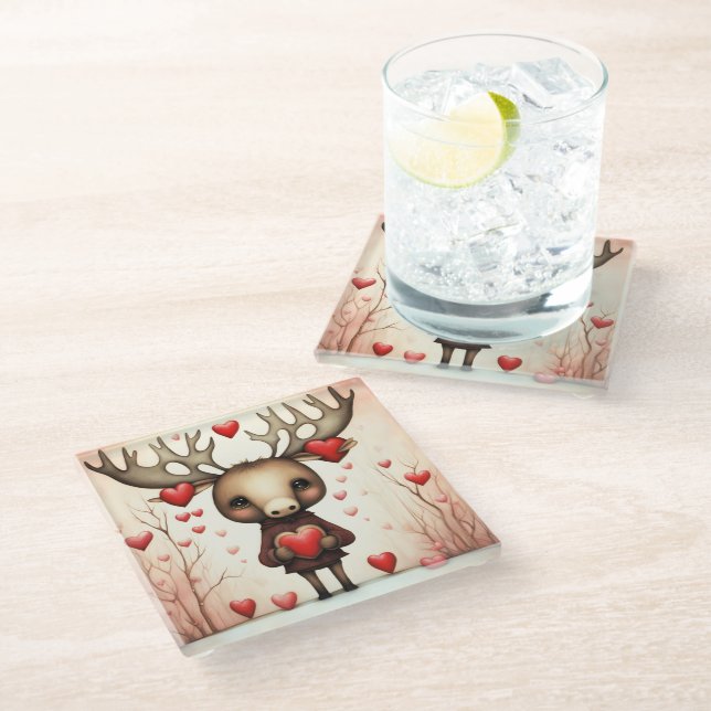 Moose Love 3 Glass Coaster (Angled)