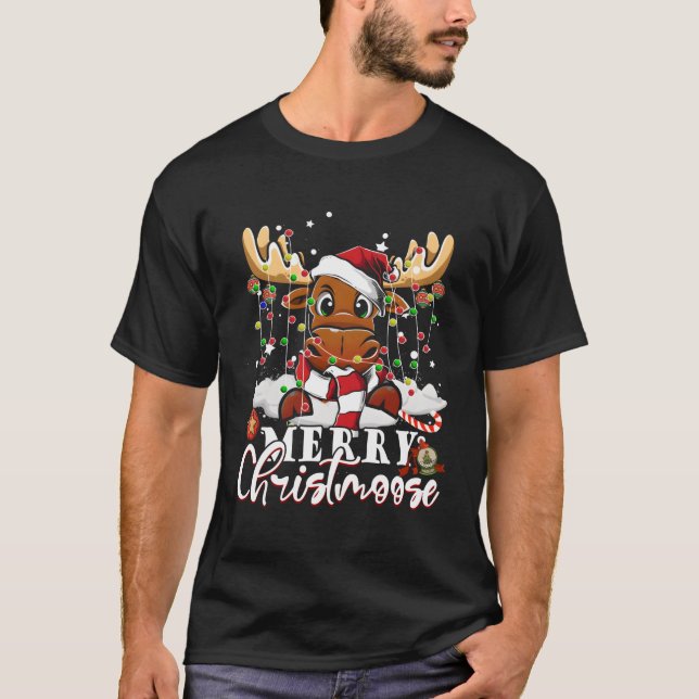 Moose Merry Christmoose Moose Tree Light Ugly T-Shirt (Front)