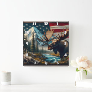 Moose Near River With Mountains and Flag Square Wall Clock