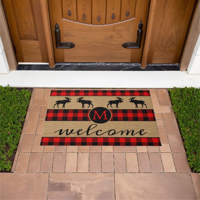 Moose On Red Black Buffalo Check Plaid Pattern Doormat (Outdoor)