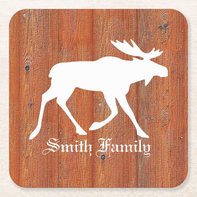 Moose on Weathered Pine Square Paper Coaster (Front)