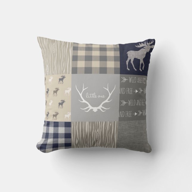 Moose Patchwork Pillow - Navy, Tan Grey (Front)