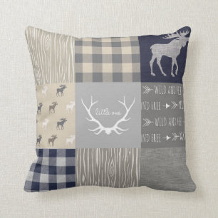 Moose Patchwork Pillow - Navy, Tan Grey