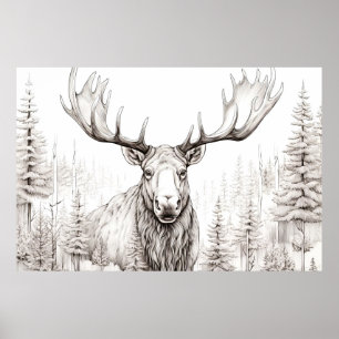 Moose Peaceful Nature Prairie Sketch Drawing Style Poster