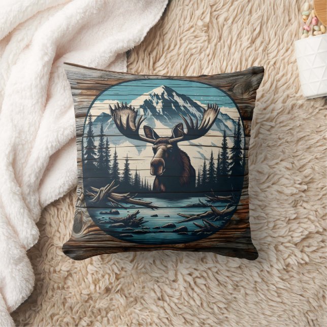 Moose Portrait Against Mountain Landscape Cushion (Blanket)