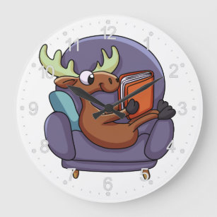 Moose reading a book on a sofa   choose back color large clock