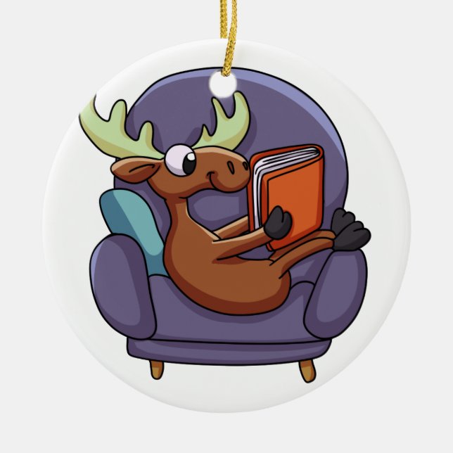 Moose reading a book on a sofa | choose back colou ceramic ornament (Front)
