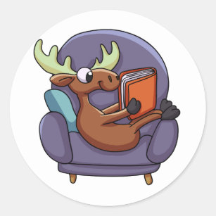 Moose reading a book on a sofa   choose back colou classic round sticker