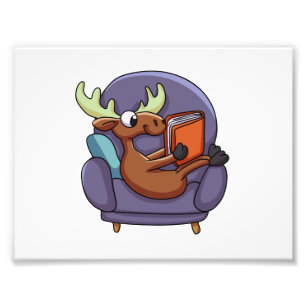 Moose reading a book on a sofa   choose back colou photo print