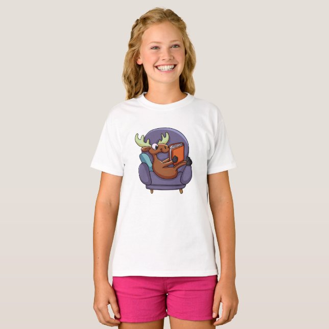 Moose reading a book on a sofa | choose back colou T-Shirt (Front Full)