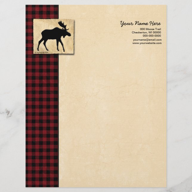 Moose Red Black Check Personalized Letterhead (Front)