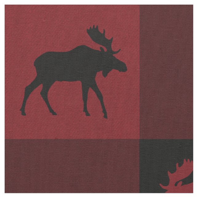 Moose Red Black Check Plaid Fabric (Close Up)