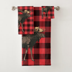 Moose Red Black Plaid Pattern Bath Towel Set