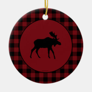 Moose Red Black Round Plaid Border Ceramic Ornament