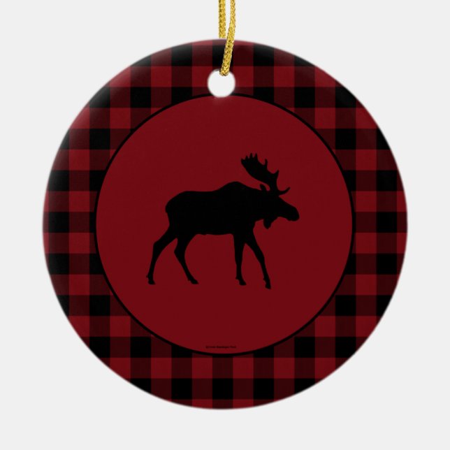 Moose Red Black Round Plaid Border Ceramic Ornament (Front)