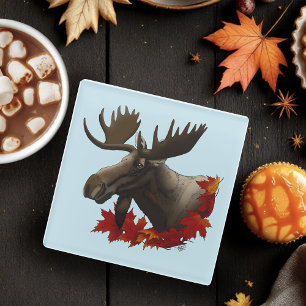Moose Red Maple Leaves Glass Coaster