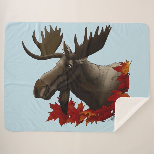 Moose Red Maple Leaves Sherpa Blanket (Front (Horizontal))
