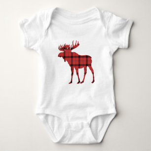 Moose Red Plaid Tartan Pattern Christmas Holiday Baby Bodysuit