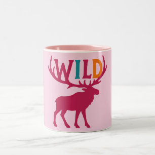 Moose silhouette art with wild antler typography Two-Tone coffee mug