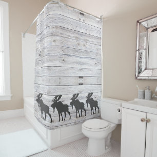 Moose Silhouette Gray Wood Pattern Bath  Shower Curtain