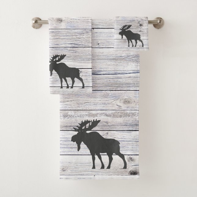 Moose Silhouette Grey Wood Pattern Bath  Bath Towel Set (Insitu)