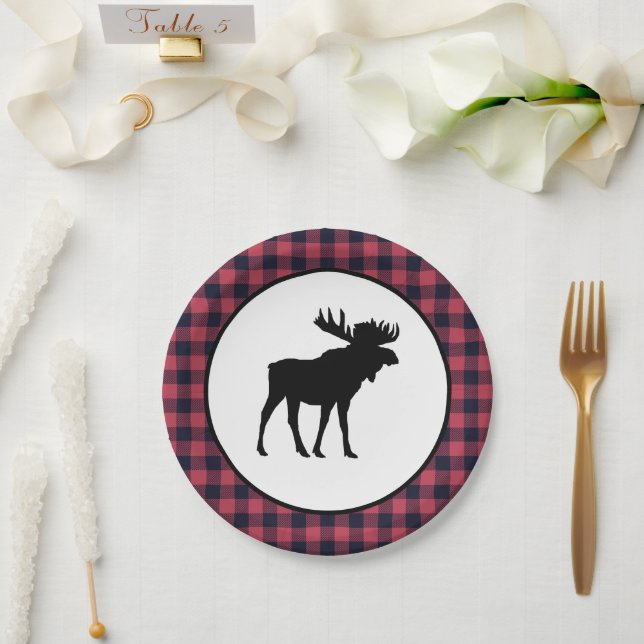 Moose Silhouette Plaid Wilderness Mountain Paper Plate (Wedding)