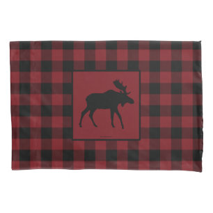 Moose Silhouette Red Black Plaid Pillowcase