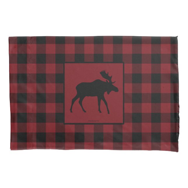 Moose Silhouette Red Black Plaid Pillowcase (Front)