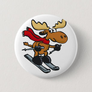 Moose skier cartoon   choose background colour 6 cm round badge