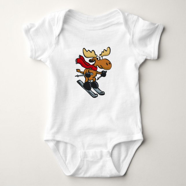 Moose skier cartoon | choose background colour baby bodysuit (Front)