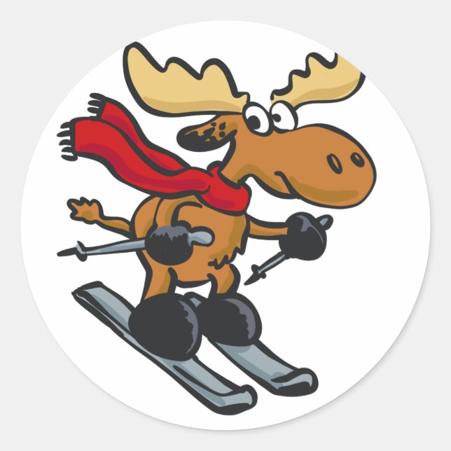 Moose skier cartoon | choose background colour classic round sticker (Front)