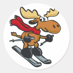 Moose skier cartoon   choose background colour classic round sticker