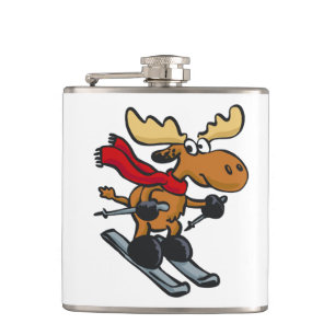 Moose skier cartoon choose background colour hip flask