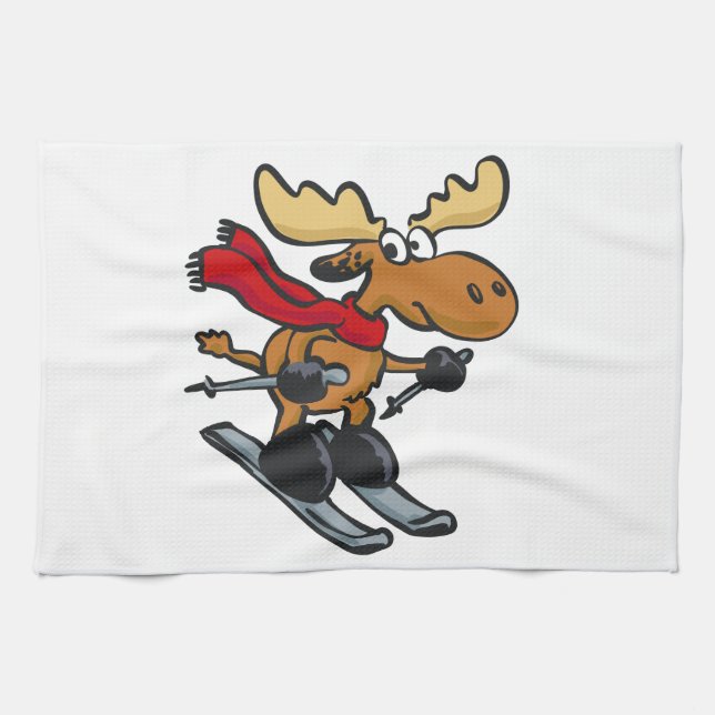 Moose skier cartoon | choose background colour tea towel (Horizontal)